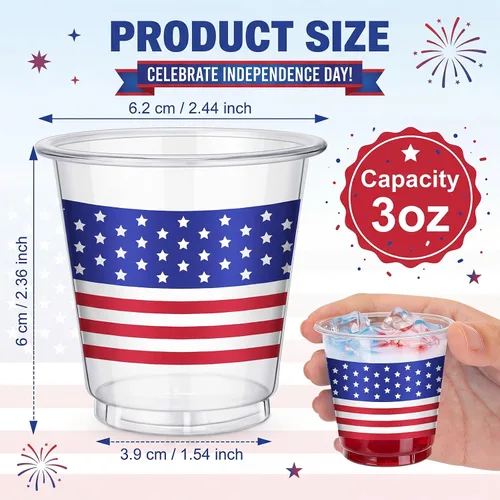 Miniatura 3 de Qinyoung 50 vasos de plástico desechables de 3 onzas para el 4 de julio, con bandera estadounidense, para el Día de la Independencia, fiesta