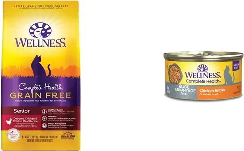 Wellness Complete Health - Paquete de alimentos secos y húmedos para gatos mayores: alimentos secos sin granos, bolsa de 5 libras + alimento húmedo