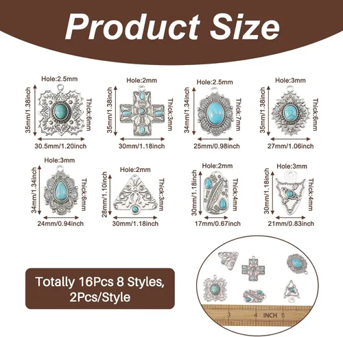 Miniatura 2 de 16 dijes de piedra turquesa de 8 estilos, estilo tibetano, vintage, bohemios, curativos, piedras preciosas colgantes grandes, joyería occidental