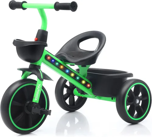 Miniatura 8 de Triciclo para niños con luces LED coloridas para niños pequeños de 1 a 3 años, diseño estable de 3 ruedas y canasta de almacenamiento para paseos