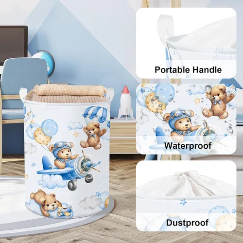 Miniatura 4 de Clastyle Cesta grande de 45 L con asa plegable para almacenamiento de juguetes con tapa para guardería y niños, con diseño de oso azul