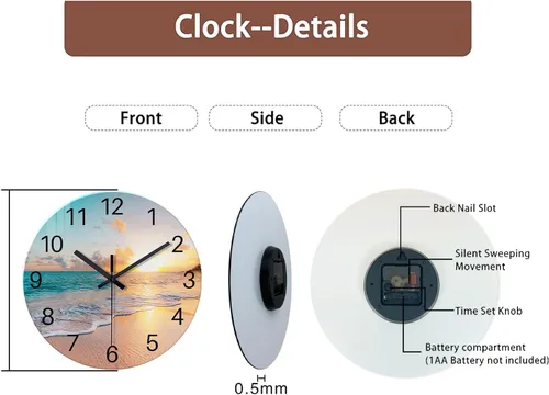 Miniatura 7 de Reloj de pared de playa con pilas, reloj de pared de vidrio de 12 pulgadas, analógico, sin tictac, relojes de pared azules para dormitorio, sala