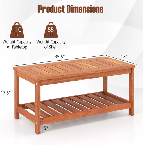 Miniatura 3 de HAPPYGRILL Mesa auxiliar de patio, mesa auxiliar de doble nivel con estructura de madera maciza, mesa de listones y estante, mesa de centro