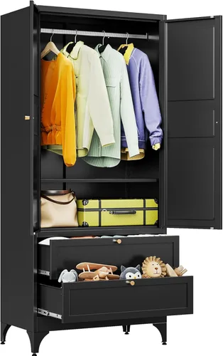 SISESOL Armario de metal con cajón, armario con puertas, armario de almacenamiento de ropa de metal negro con estantes ajustables y barra para