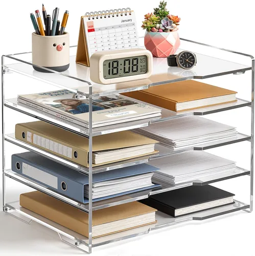 KKU Organizador de escritorio de acrílico transparente de 5 niveles, bandeja de cartas, organizador de escritorio y accesorios para suministros de