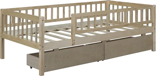Miniatura 6 de DEINPPA Cama individual con cajones, sofá cama para niños con almacenamiento, marco de cama de madera con listones para niños, niños y niñas, natural