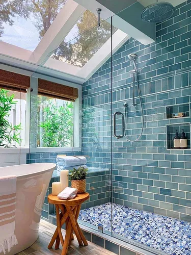 Miniatura 4 de Parrotile Azulejos Azules de Guijarros para Piso de Ducha, Mosaico para Salpicadero de Baño, Azulejos de Pared (5 Hojas)