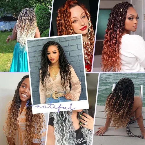 Miniatura 8 de Cabello de Ganchillo Goddess Locs de 14 Pulgadas 8 Paquetes Nuevos Faux Locs Suaves Trenzas de Ganchillo Ondas Profundas Extensiones de Cabello T27.