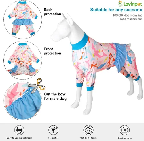 Miniatura 3 de LovinPet Camisa Pijama Grande para Perro - Protección UV, Pijama de Recuperación Post-Quirúrgica, Tela Elástica Ligera, Estampado Rosa Big Bites
