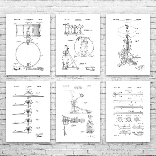 Juego de 6 carteles de patente de tambor (8 x 10), regalo de baterista, arte de estudio de grabación, regalo de músico, decoración de batería,