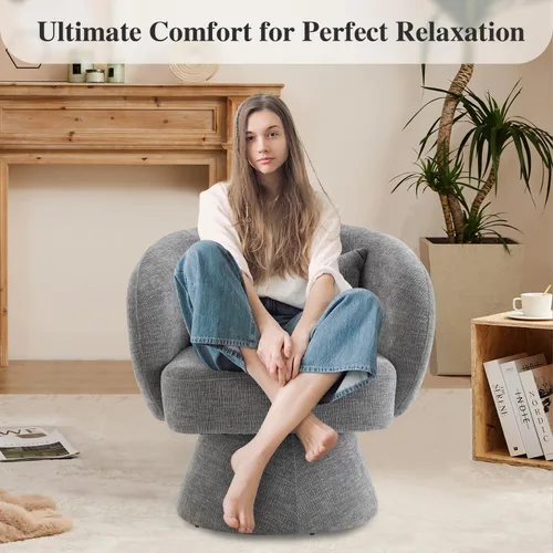 Miniatura 4 de Silla giratoria de 360°, moderna silla de barril de terciopelo con almohada, sofá individual tapizado para sala de estar, dormitorio, oficina. Gris