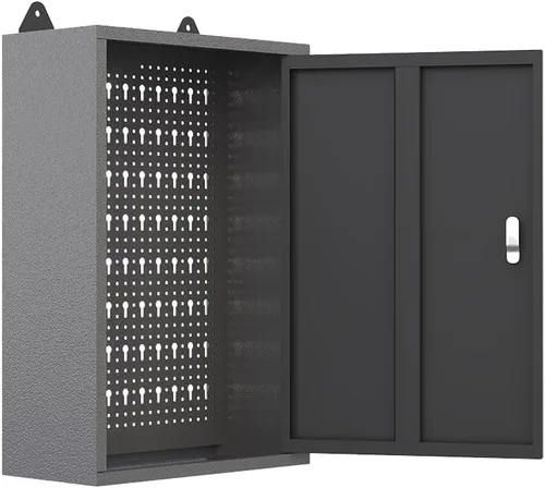 JZD Gabinete de almacenamiento montado en la pared de acero, gabinetes de herramientas colgantes de metal, para taller de garaje, negro y gris