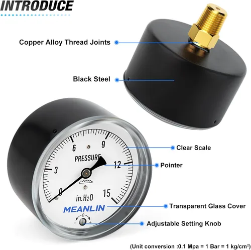 Miniatura 4 de MEANLIN MEASURE Manómetro de baja presión tipo cápsula de diafragma H2O de 0-15 pulgadas NPT de 2-1/3 pulgadas, esfera de cara ajustable, con 1/2