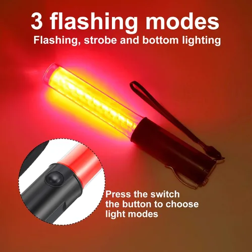 Miniatura 4 de Weewooday Paquete de 2 varitas de control de tráfico aéreo de seguridad de 11 pulgadas, varita de señal de tráfico LED con control de linterna, Rojo