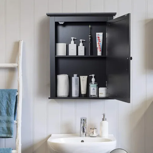 Miniatura 4 de Tangkula Gabinete de baño con espejo, gabinete tipo botiquín con espejo montado en la pared con puerta única y estante ajustable en 5 posiciones