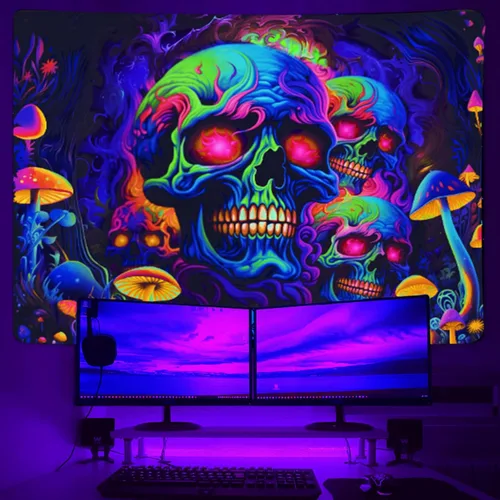 Miniatura 2 de Tapiz de calavera con luz negra, arte de pared de esqueleto reactivo a los rayos UV para dormitorio, pósteres de luz negra para adultos, tapiz