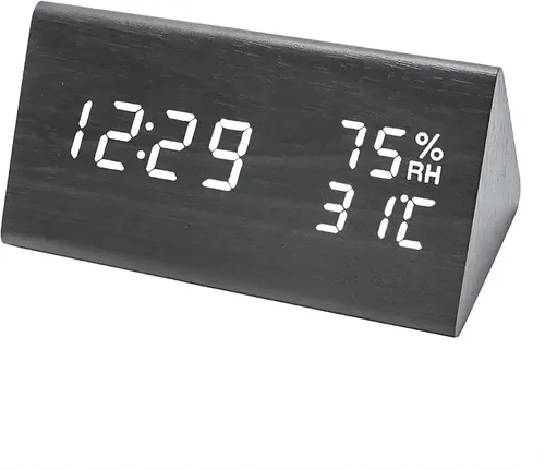 Miniatura 7 de Reloj despertador digital, LED electrónico de madera, pantalla de fecha de hora, detección de temperatura y humedad, 3 ajustes de alarma, brillo