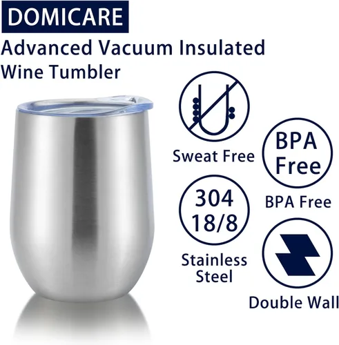 Miniatura 7 de DOMICARE - Juego de 16 vasos de vino de 12 onzas con tapa, hechos de acero inoxidable con aislamiento al vacío de doble pared, color acero inoxidable