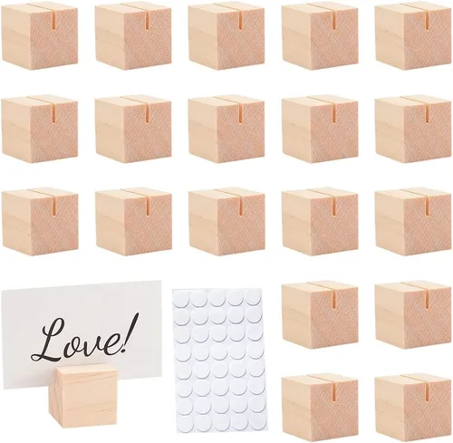OLYCRAFT 20 soportes de madera para tarjetas de nombre, soportes de números de mesa de madera maciza para etiquetas de nombre, imágenes, letreros