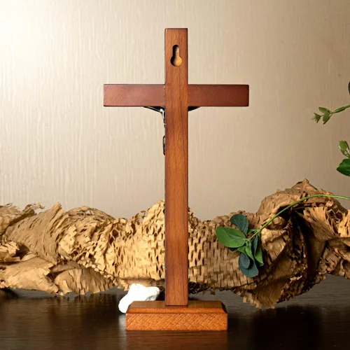 Miniatura 6 de KUXBET Crucifijo de Pie Cruz con Soporte Desmontable de 10.6 Pulgadas Cruz de Madera Católica de Jesucristo para Colgar en la Pared para Decoración