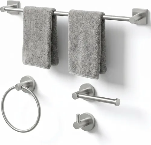 Miniatura 19 de Juego de toallas de baño de 24 pulgadas para montar en la pared, juego de 4 piezas de acero inoxidable duradero con toallero, anillo para toallas