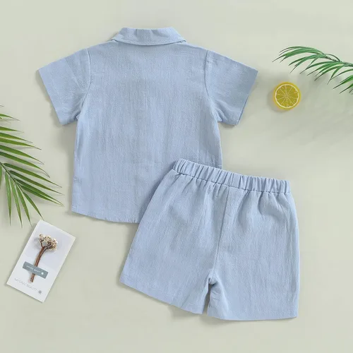 Miniatura 3 de DNOMAID YZARC Conjunto de 2 piezas de ropa de verano para bebé niño y niña, algodón sólido, lino, manga corta, con botones, pantalones cortos