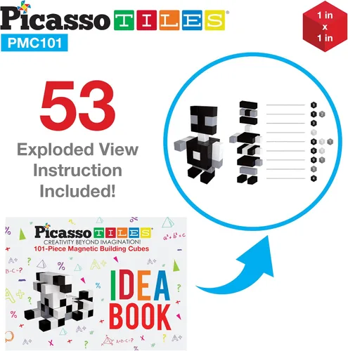 Miniatura 9 de PicassoTiles Cubo magnético de rompecabezas de 60 piezas + 101 piezas, juego de bloques de construcción con imán en blanco y negro, ideabook gratis