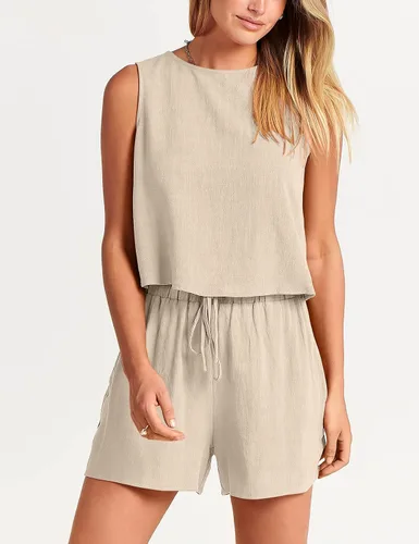 Miniatura 5 de GIVNUAN Conjunto de 2 piezas de lino con cuello cuadrado para mujer, conjunto de pantalones cortos a juego para la playa, verano 2023 a la moda