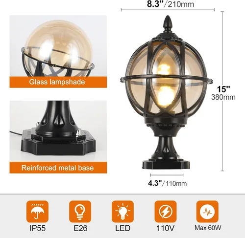 Miniatura 5 de Lámpara de poste para exteriores, base E26 de 60 W máx. Luces de columna con carcasa de aluminio negro más vidrio ámbar IP55 impermeable linterna