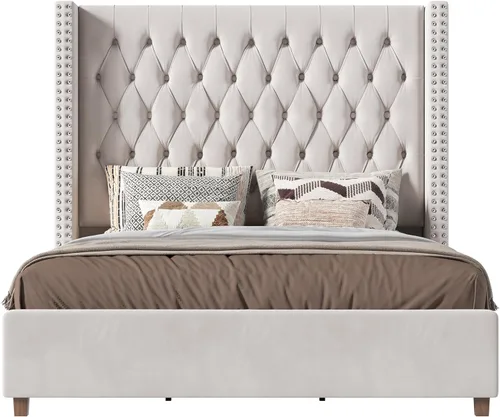 Miniatura 9 de PaPaJet Base de cama California King con cabecera de ala de 61.4 pulgadas de alto, plataforma tapizada de terciopelo, no necesita somier, sin ruido