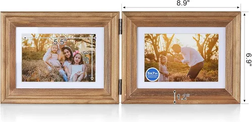 Miniatura 2 de Portarretratos de 5 x 7, doble bisagra horizontal de madera con marco de fotos plegable con frente de cristal real en grano de madera envejecido