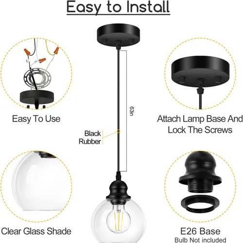 Miniatura 6 de Luces colgantes para isla de cocina, lámpara colgante negra con pantalla de cristal, lámpara colgante ajustable de 71 pulgadas para cocina, sala