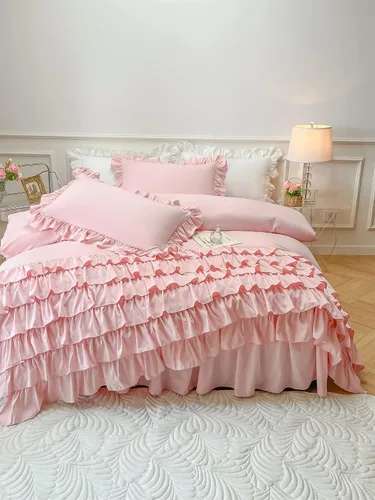 Miniatura 8 de MOOWOO Ropa de cama para niñas – Funda de edredón con volantes en cascada – 2 piezas Shabby Chic Color sólido suave y transpirable con cierre de Rosa