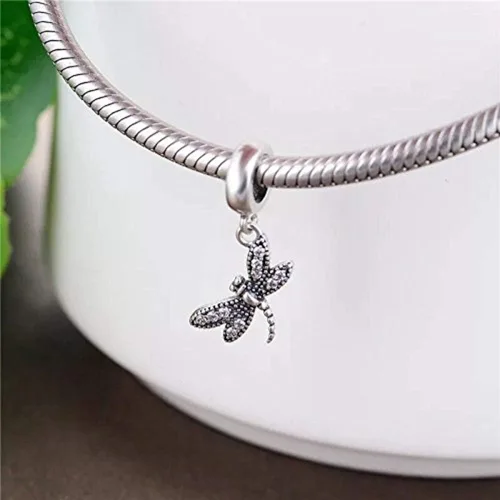 Miniatura 3 de Encantos colgantes de libélula brillante de plata de ley 925 para pulsera europea, Plata esterlina, plateado