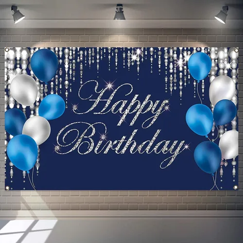Cartel de fondo de feliz cumpleaños azul marino y plateado para hombres, mujeres, fondo de fotografía de jubilación, suministros de decoración de