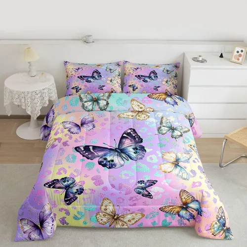 Feelyou Juego de Edredón de Mariposas Coloridas Twin Patrón Impreso de Acuarela Arcoíris Ropa de Cama Acolchada para Dormitorio de Niñas Tie Dye