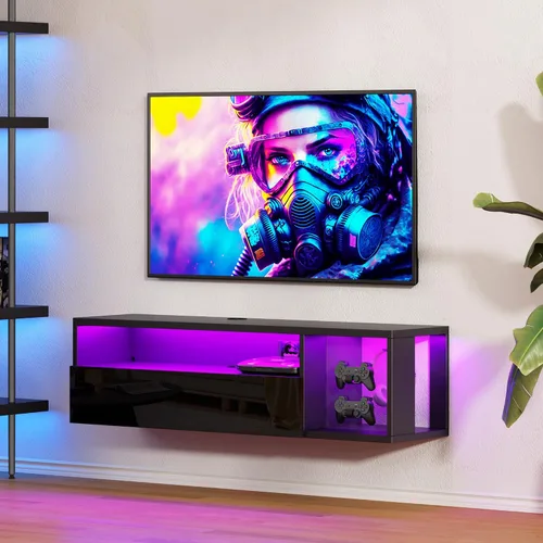 Miniatura 2 de SogesPower Soporte flotante para TV montado en la pared con luces, soporte de TV LED, centro de entretenimiento flotante con almacenamiento