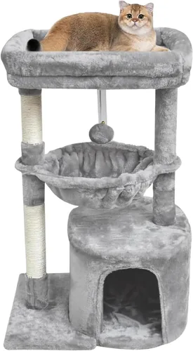 Miniatura 9 de SYANDLVY Árbol pequeño para gatos de interior, condominio para gatitos con poste rascador y tabla, torre de actividades moderna con cuna, beige