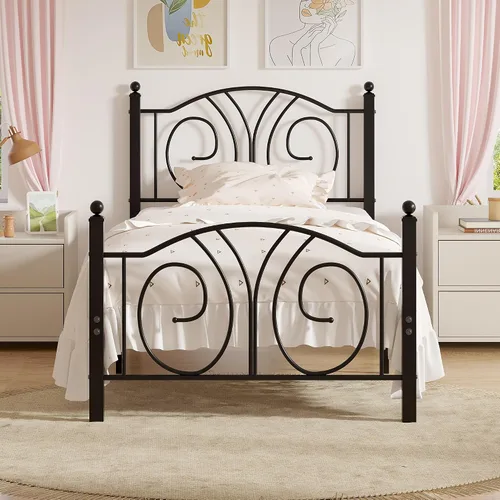 Miniatura 16 de VECELO Base de cama con dosel de metal, tamaño individual, base de colchón con plataforma de 4 pósteres con cabecero, soporte de listones de acero