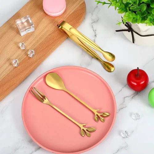 Miniatura 3 de Sieral 10 cucharas de café de hojas, mini pinzas para servir y tenedores de aperitivo, pinzas de acero inoxidable, cucharas de postre, tenedores