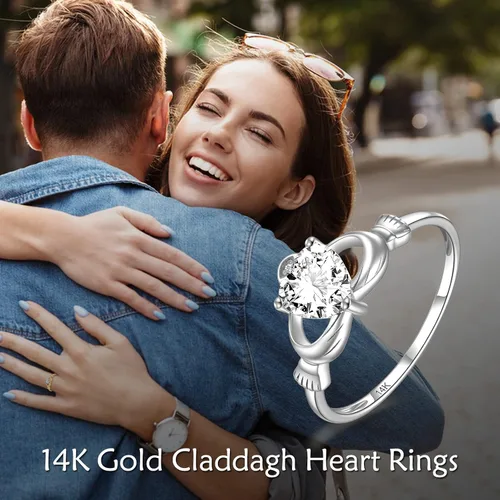 Miniatura 11 de ELFRONT Anillo de corazón de Claddagh irlandés de oro macizo de 14 quilates, joyería celta con moissanita para mujer, lealtad, promesa, compromiso