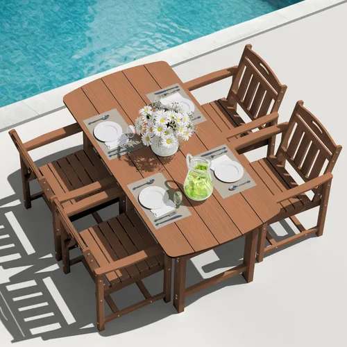 Miniatura 13 de Juego de comedor de patio al aire libre de HDPE con mesa y 6 sillas, juego de mesa y sillas de 7 piezas para todo clima, agujero para sombrilla de 2
