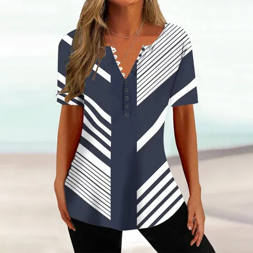 Miniatura 145 de Summer Shirts for Women 2025 Plus Size Short Sleeve Henley Tops Marble Floral Loose Tshirt Tee Casual Dressy Tunics
