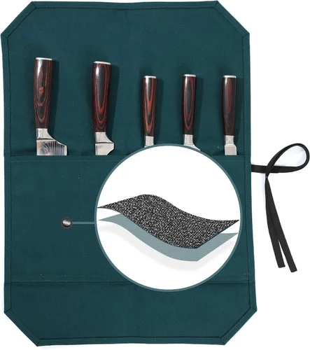 Miniatura 12 de Bolsa para cuchillos de chef, rollo para cuchillos con 4 ranuras, forro de tela especializado resistente a cortes, lona encerada resistente de 16