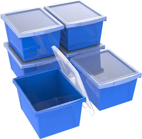Storex Contenedor de almacenamiento de 4 galones con tapa, organizador de plástico para libros y suministros, azul, paquete de 6 (61412U06C)
