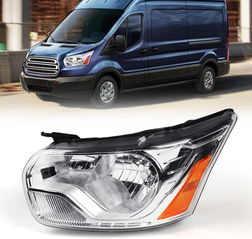 Ensamble de faro FIONE compatible con 2015-2020 Ford Transit 150 250 350 Carcasa de lámpara delantera cromada lado izquierdo del conductor LH