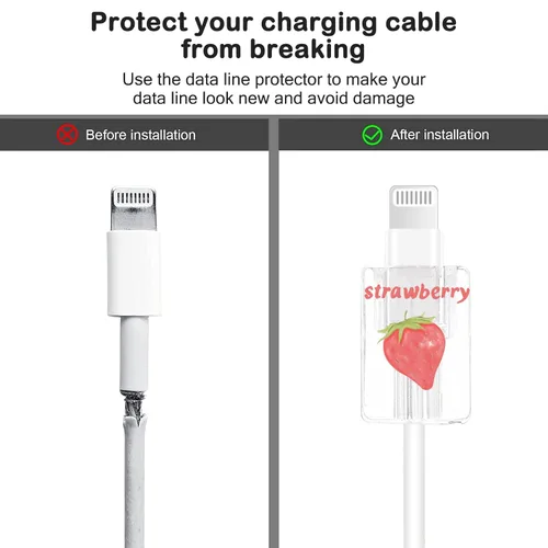 Miniatura 5 de CameCosy Juego de 4 protectores de cable de frutas para cargador de iPhone, diseño Kawaii de aguacate rosa, fresa, cereza y melocotón, protector