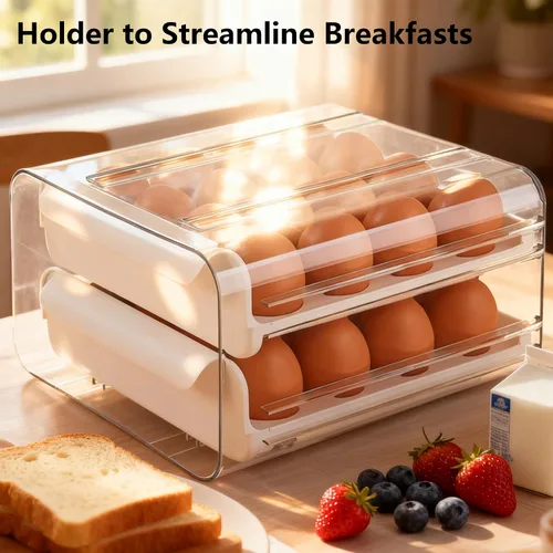 Miniatura 3 de Cajón de huevos para refrigerador 32 huevos, soporte para huevos apilable transparente de 2 niveles con cajón para refrigerador, caja de Blanco