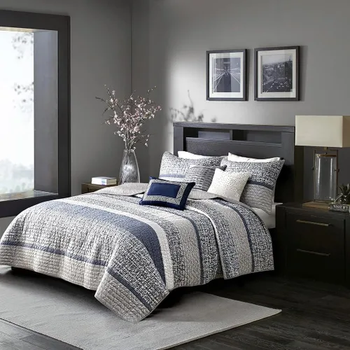 Miniatura 4 de Madison Park Juego de edredón Queen de jacquard lustroso y purpurina, conjunto de cubrecama para cama tamaño Queen – para todas las estaciones