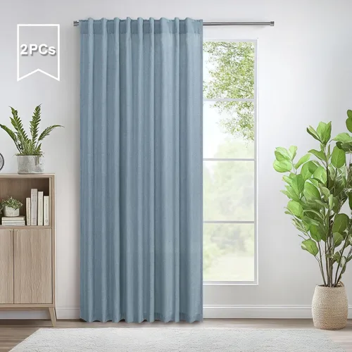 Miniatura 38 de Cortinas de lino azul de 84 pulgadas de largo para sala de estar; juego de 2 paneles con lengüeta trasera; cortinas con dobladillo para barra; Azul